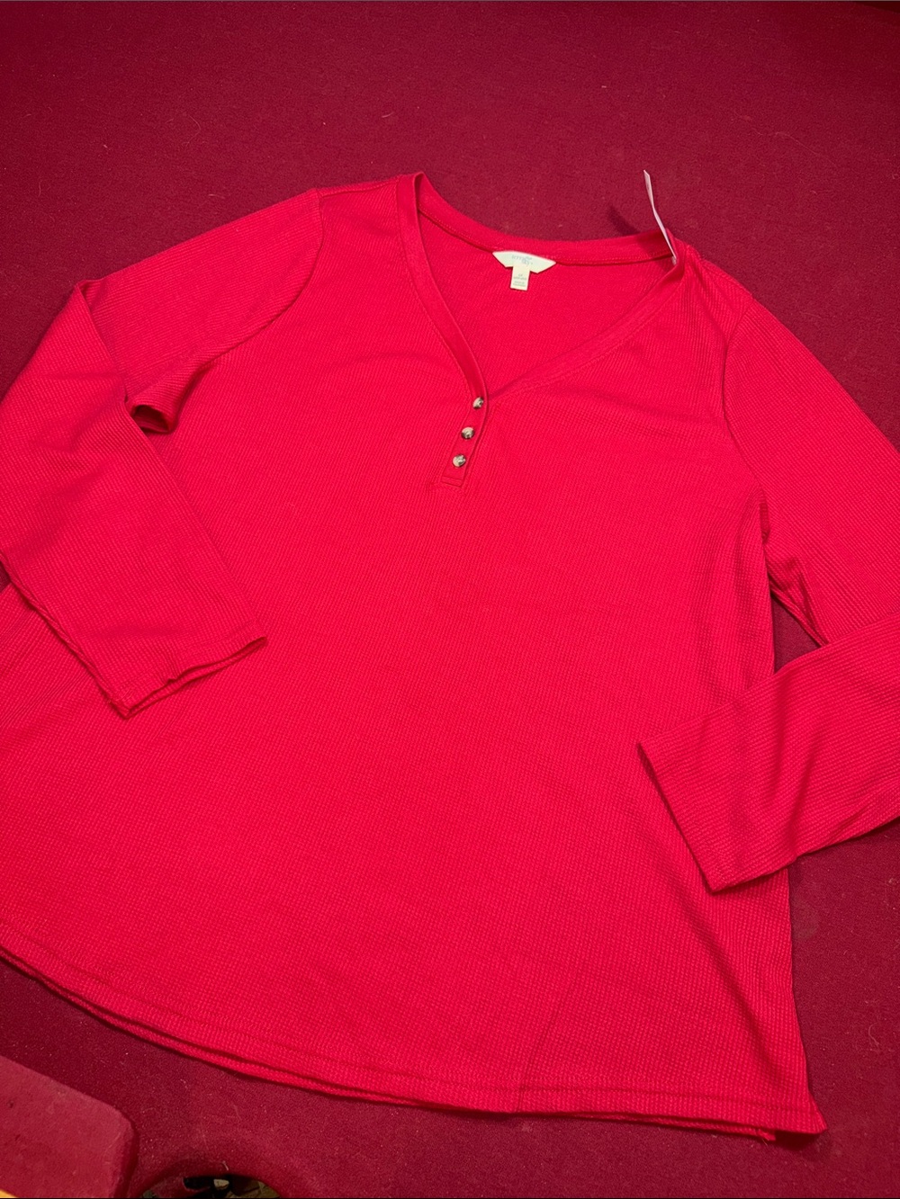 Terra & Sky NEW RED Waffle KNIT Thermal V Neck Henley shirt Long Sleeve Women 1X